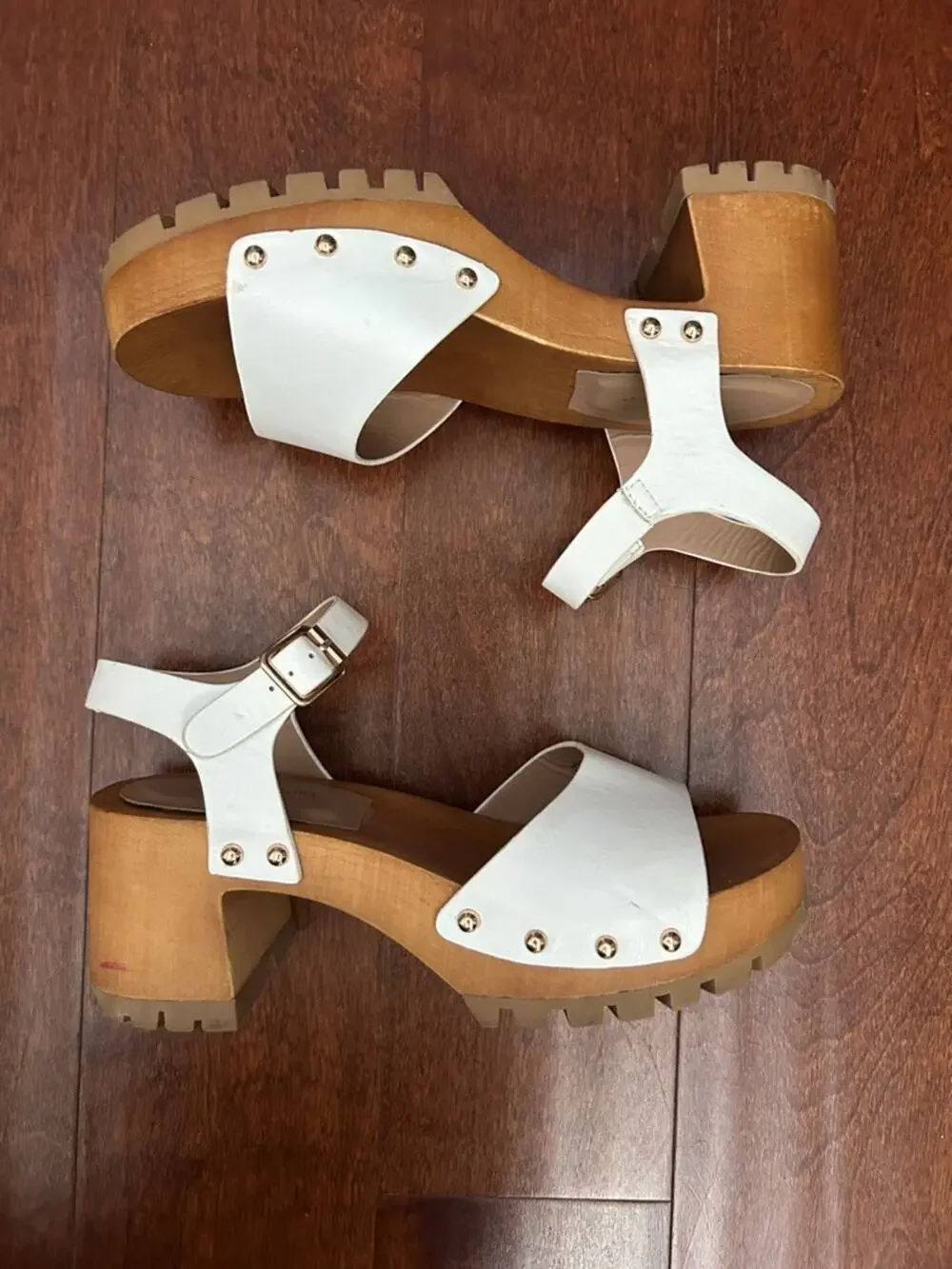 Call It Spring White Vegan Leather Platform Clog Sandals with Studs, Size 8.5